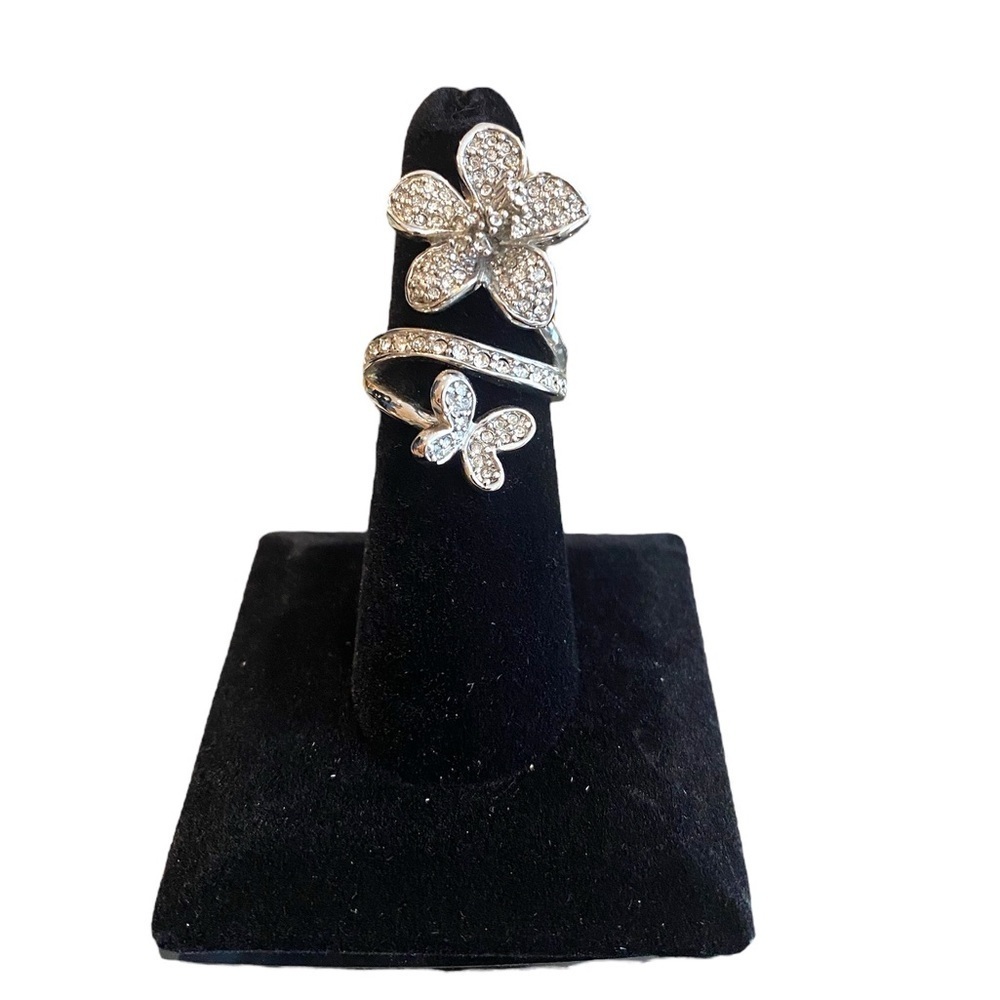 Silver Colored Flower and Butterfly Rhinestone Ring - Size 6